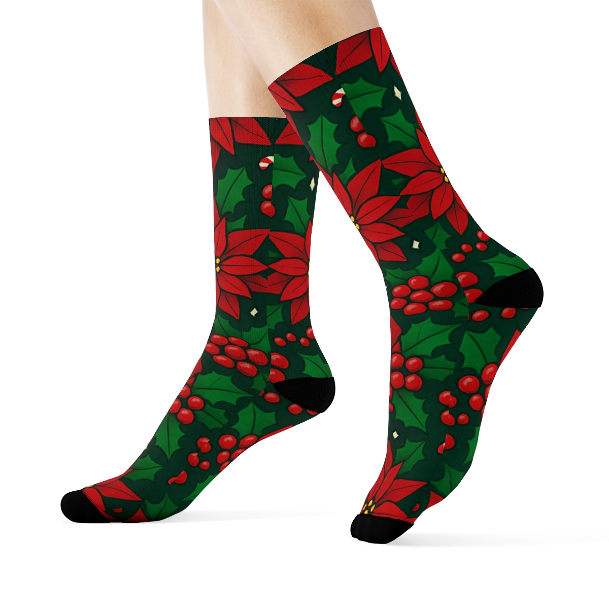 Crimson Poinsettia And Holly Tessellation On Midnight Green Background custom crew socks