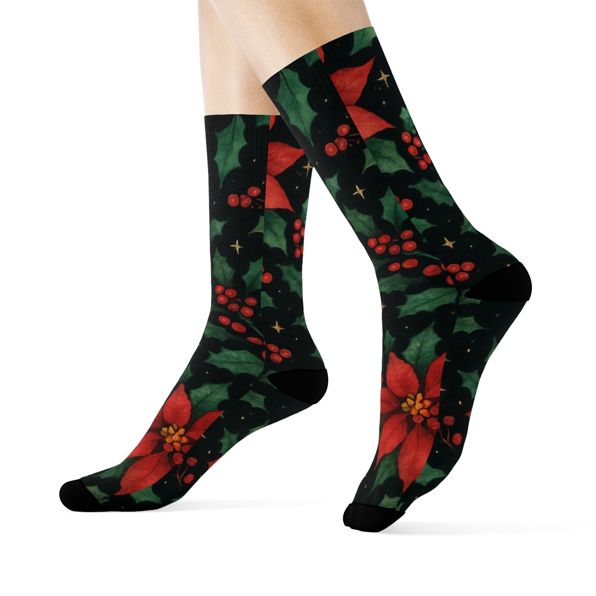 Starlit Poinsettia Nebula Pattern designer printed crew socks