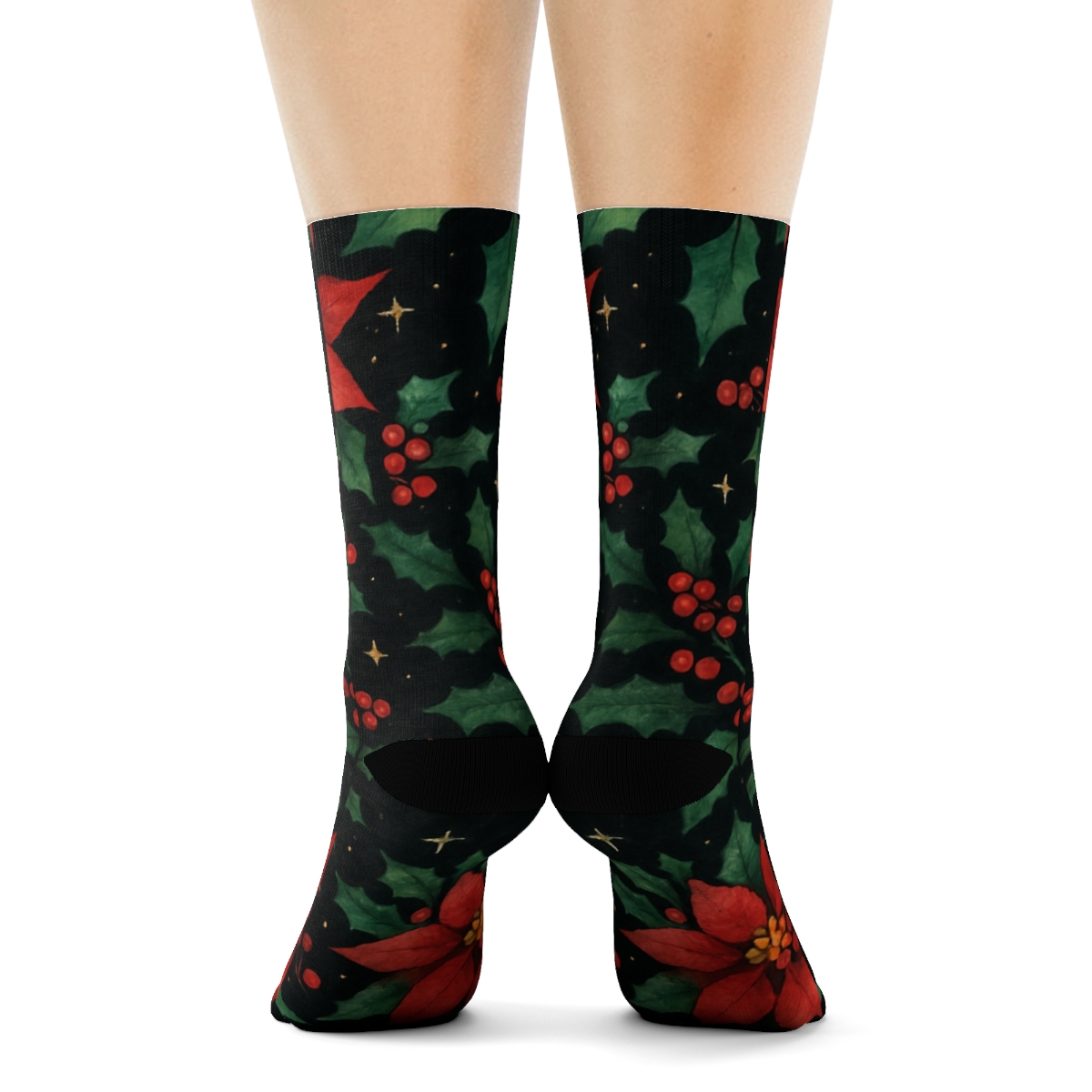 Starlit Poinsettia Nebula Pattern designer printed crew socks