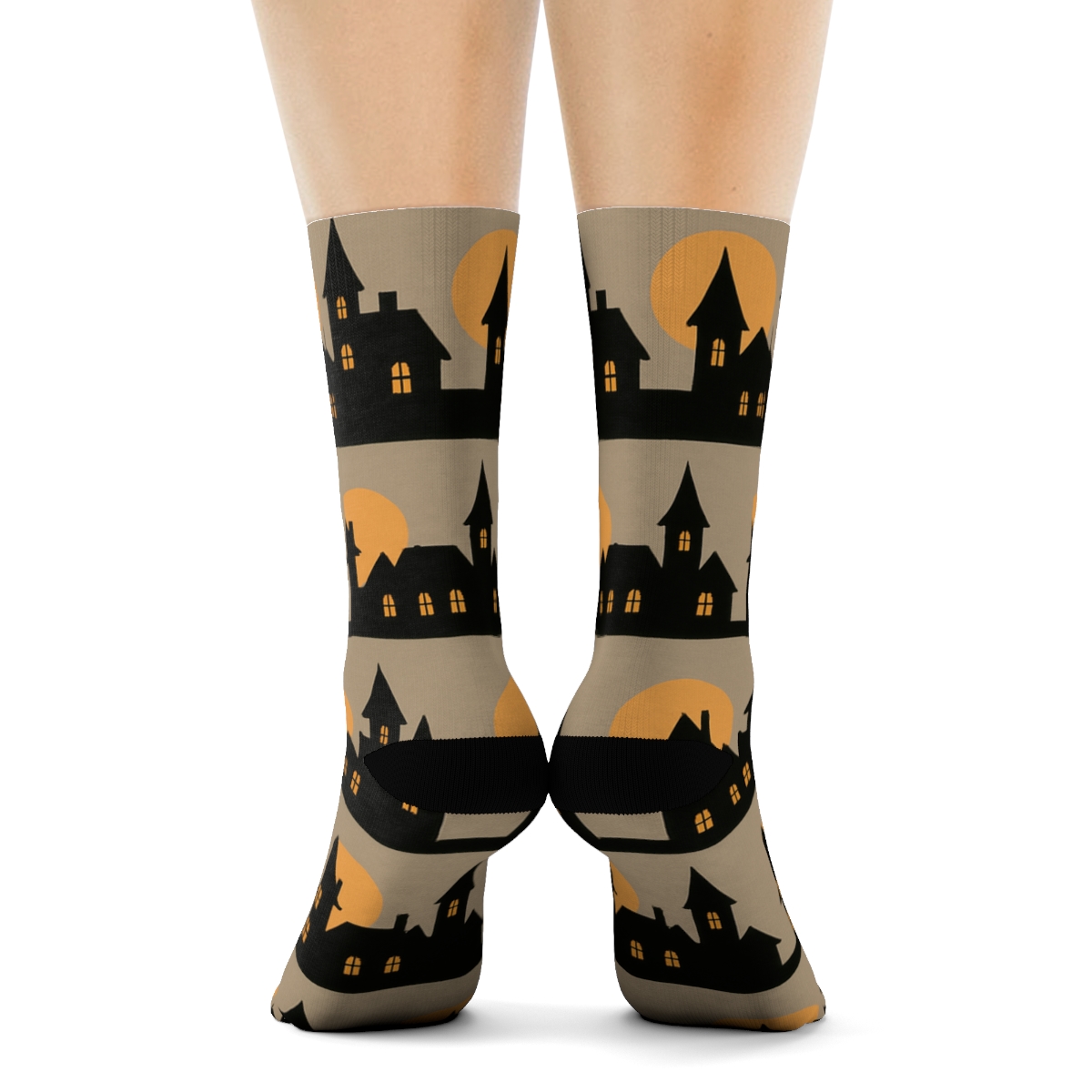 Haunted House Silhouette Rows With Orange Moon Glow On Proper Background unique graphic crew socks