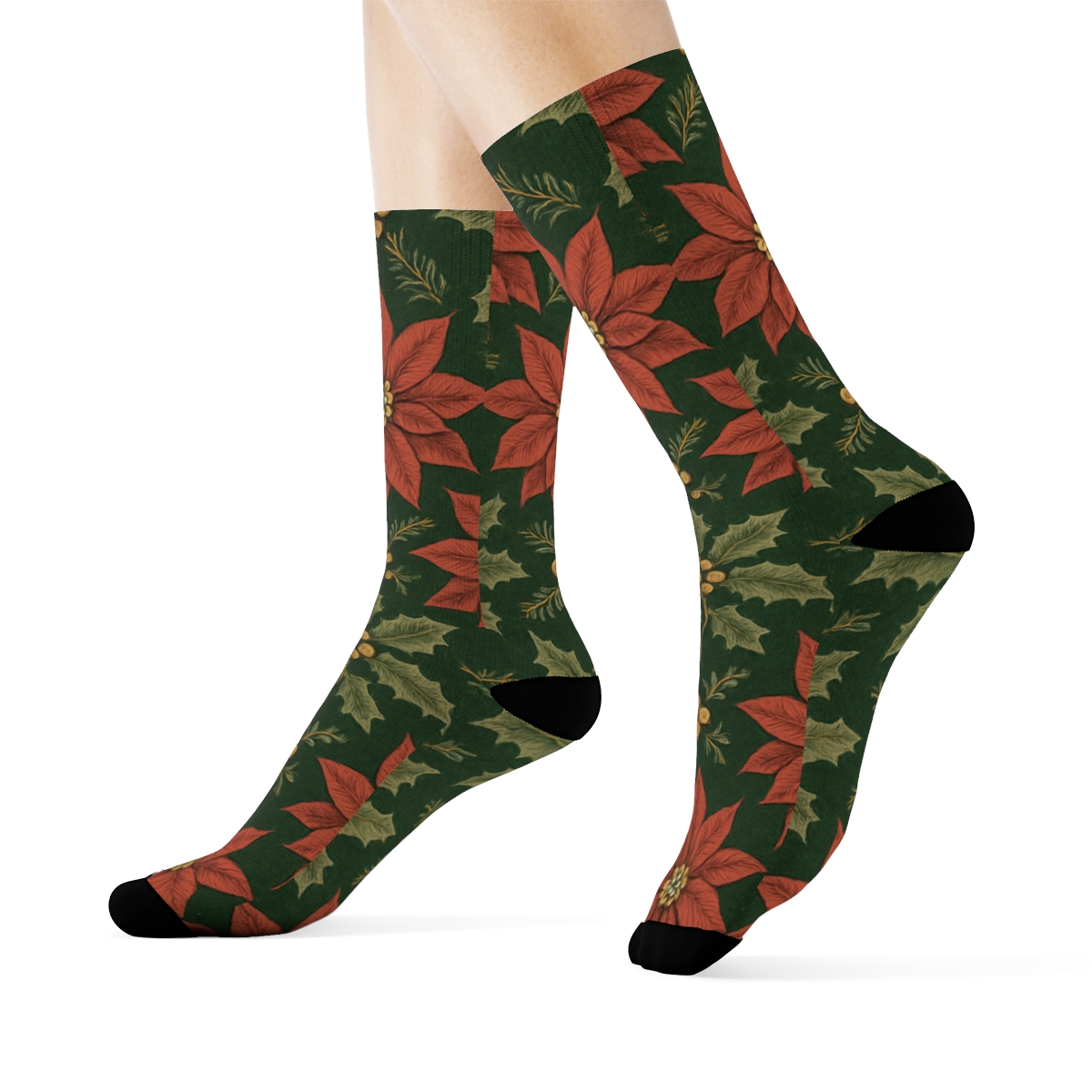 Poinsettia And Holly Lattice On Deep Evergreen Background unique graphic crew socks