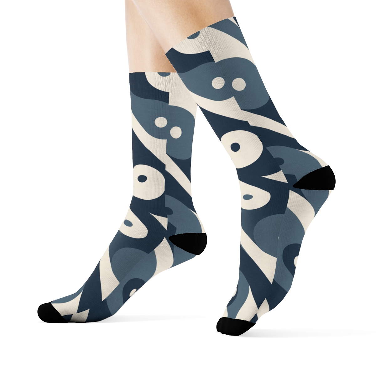 Indigo Cream Interlaced Wave Yin Yang Repeat designer printed crew socksIndigo Cream Interlaced Wave Yin Yang Repeat Crew Socks - Image 3