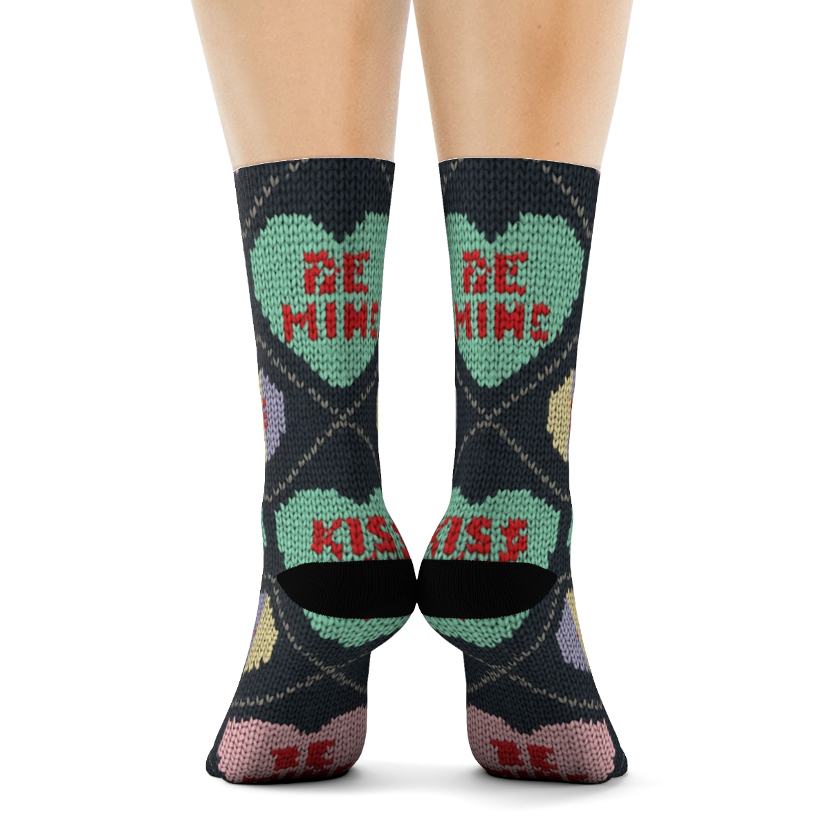 Valentines Candy Heart Knit Illusion Lattice trendy patterned crew socks