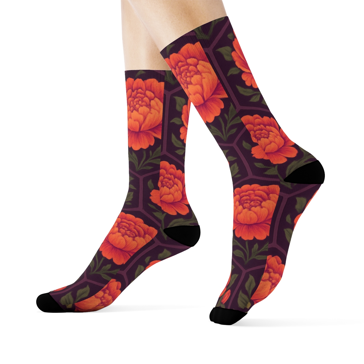 Sunset Peony Medallion Tessellation On Deep Plum Background premium sports crew socksSunset Peony Medallion Tessellation on Deep Plum Background Crew Socks - Image 3