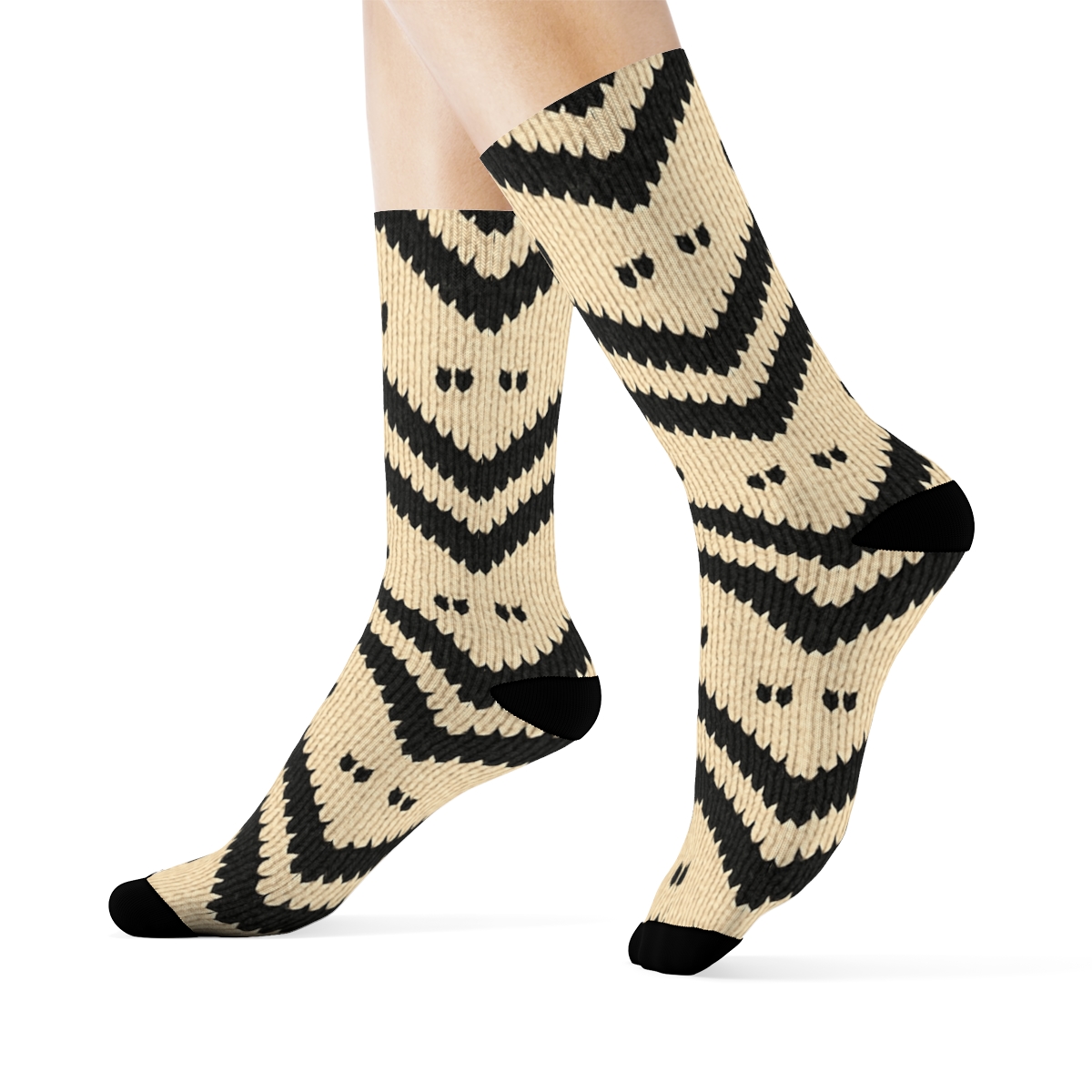 Knitted Zebra Chevron Bands With Hoof Print Dots On Warm Cream premium sports crew socks