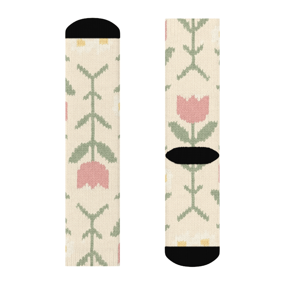 Sage Tulip And Daisy Knitted Grid On Cream Background trendy patterned crew socks