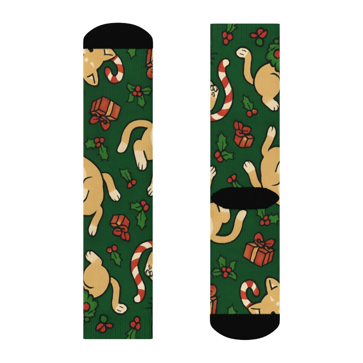 Candy Cane Cat Chaos Collage On Pine Green Background premium sports crew socks