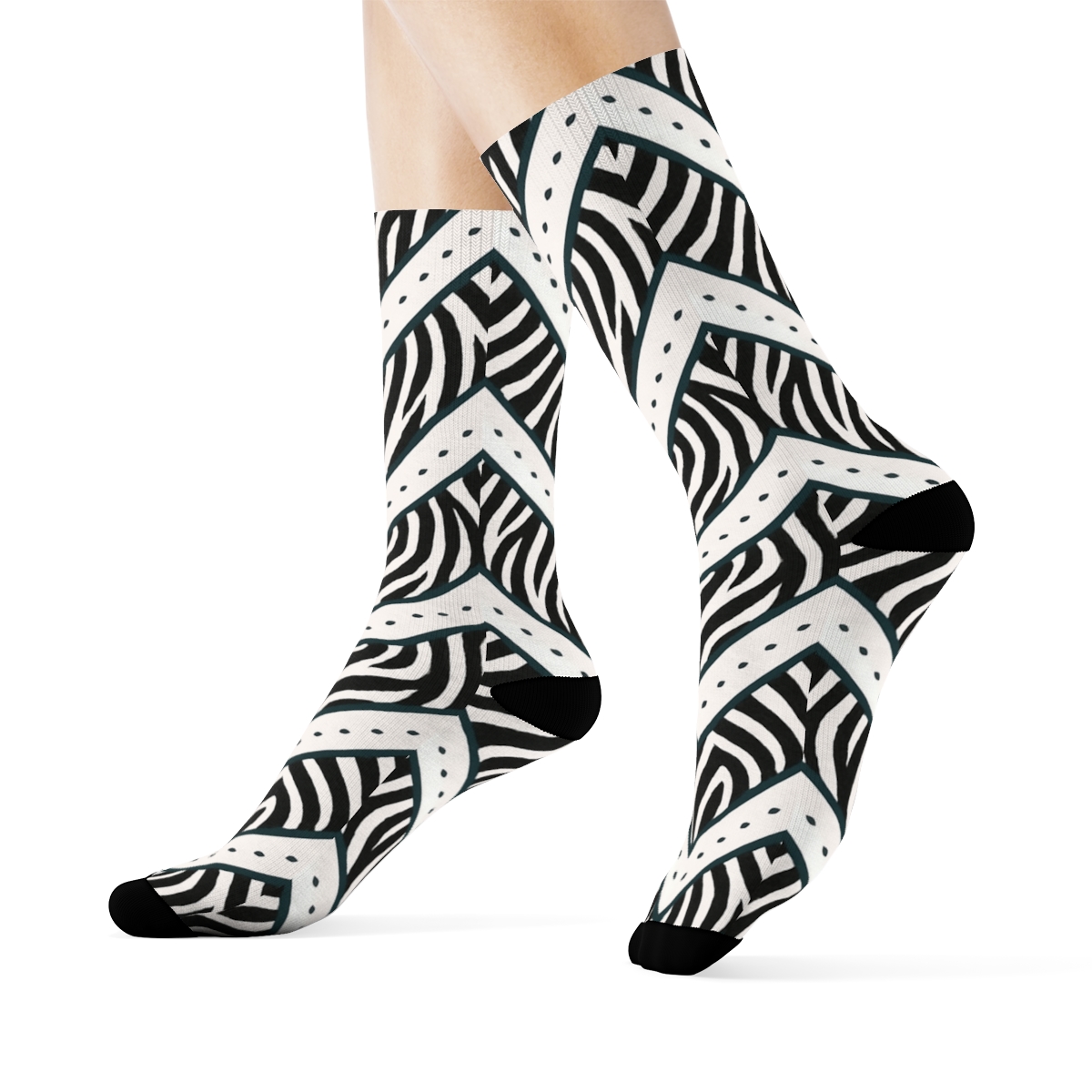 Teal Inlay Zebra Chevron Fragments On White premium sports crew socks