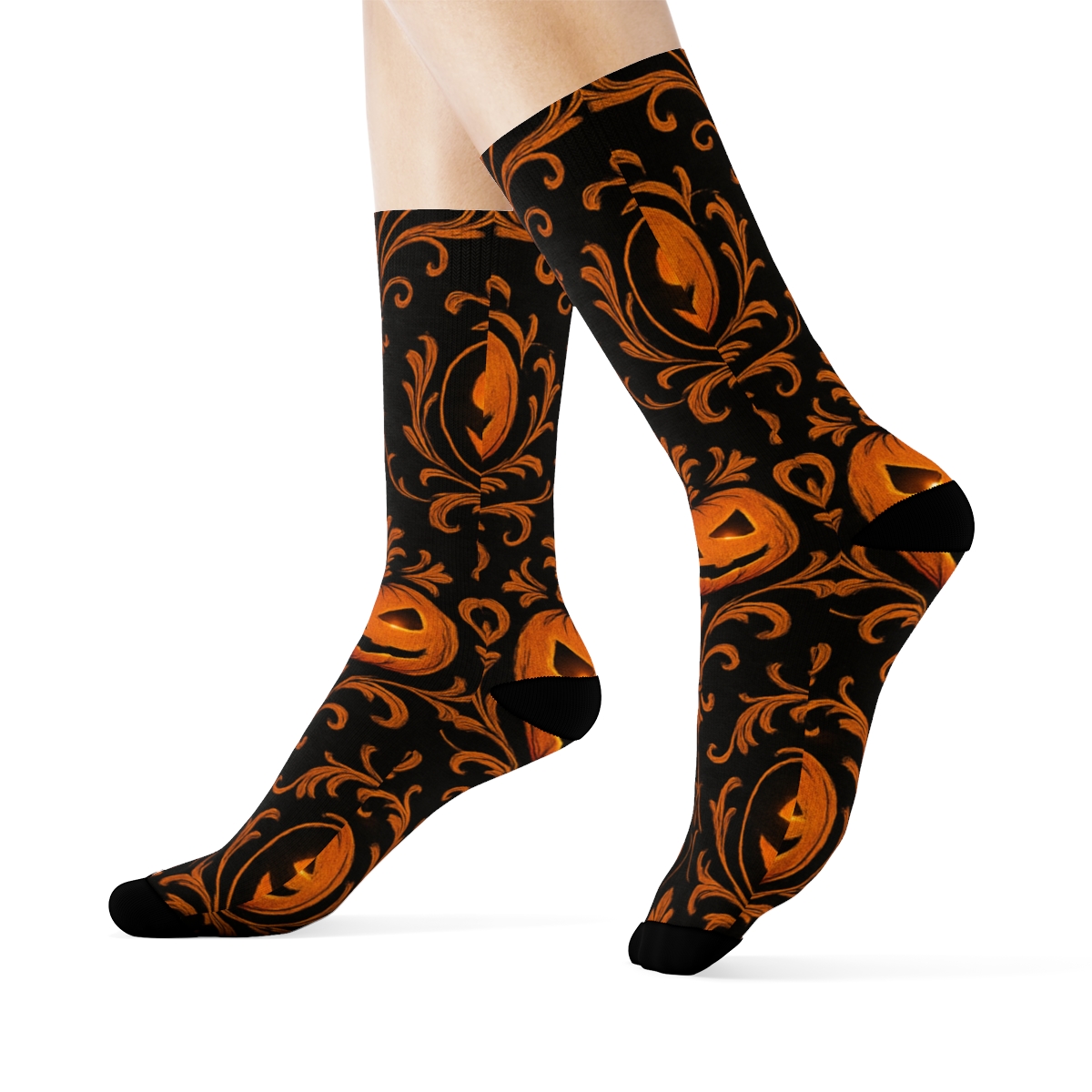 Carved Pumpkin Damask Scrollwork On Black Background premium sports crew socks