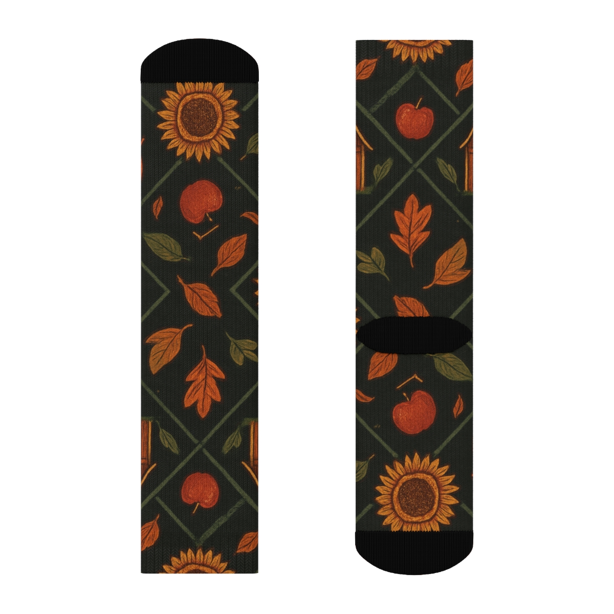 Harvest Barn And Sunflower Medallion Lattice On Charcoal Background custom crew socks