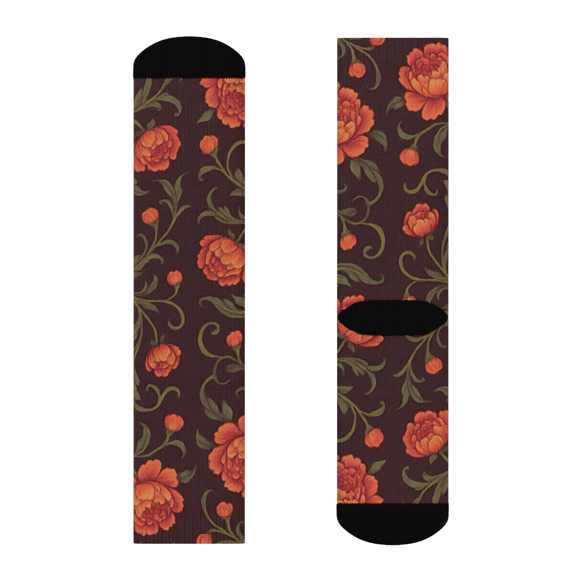 Sunset Peony Garland Mirror Repeat On Deep Plum Background soft everyday crew socks