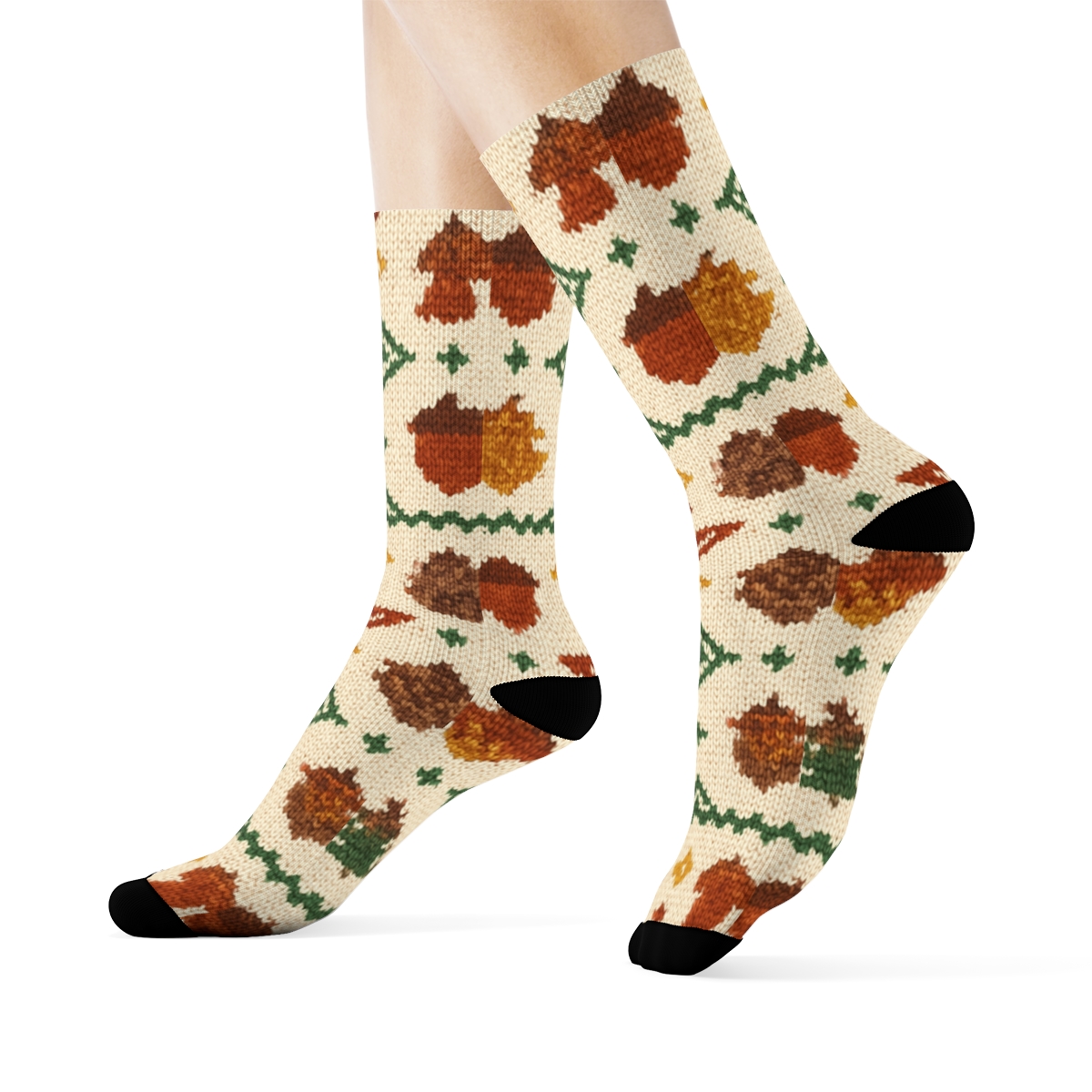 Knitted Pumpkin And Acorn Fair Isle On Creamy Beige Background premium sports crew socks