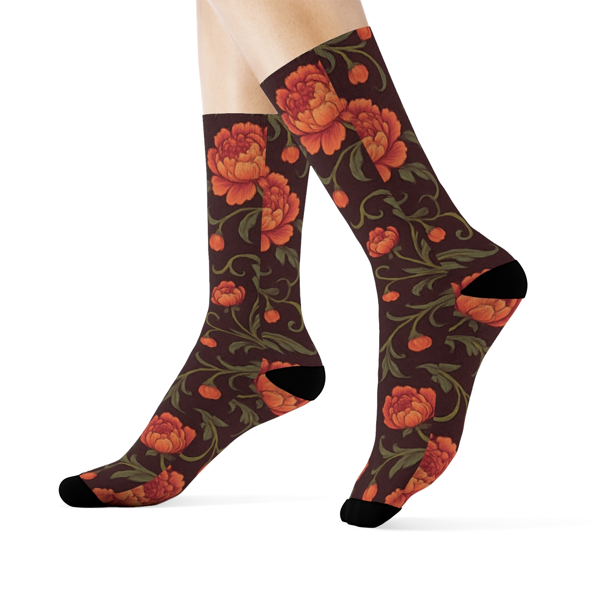 Sunset Peony Garland Mirror Repeat On Deep Plum Background soft everyday crew socks