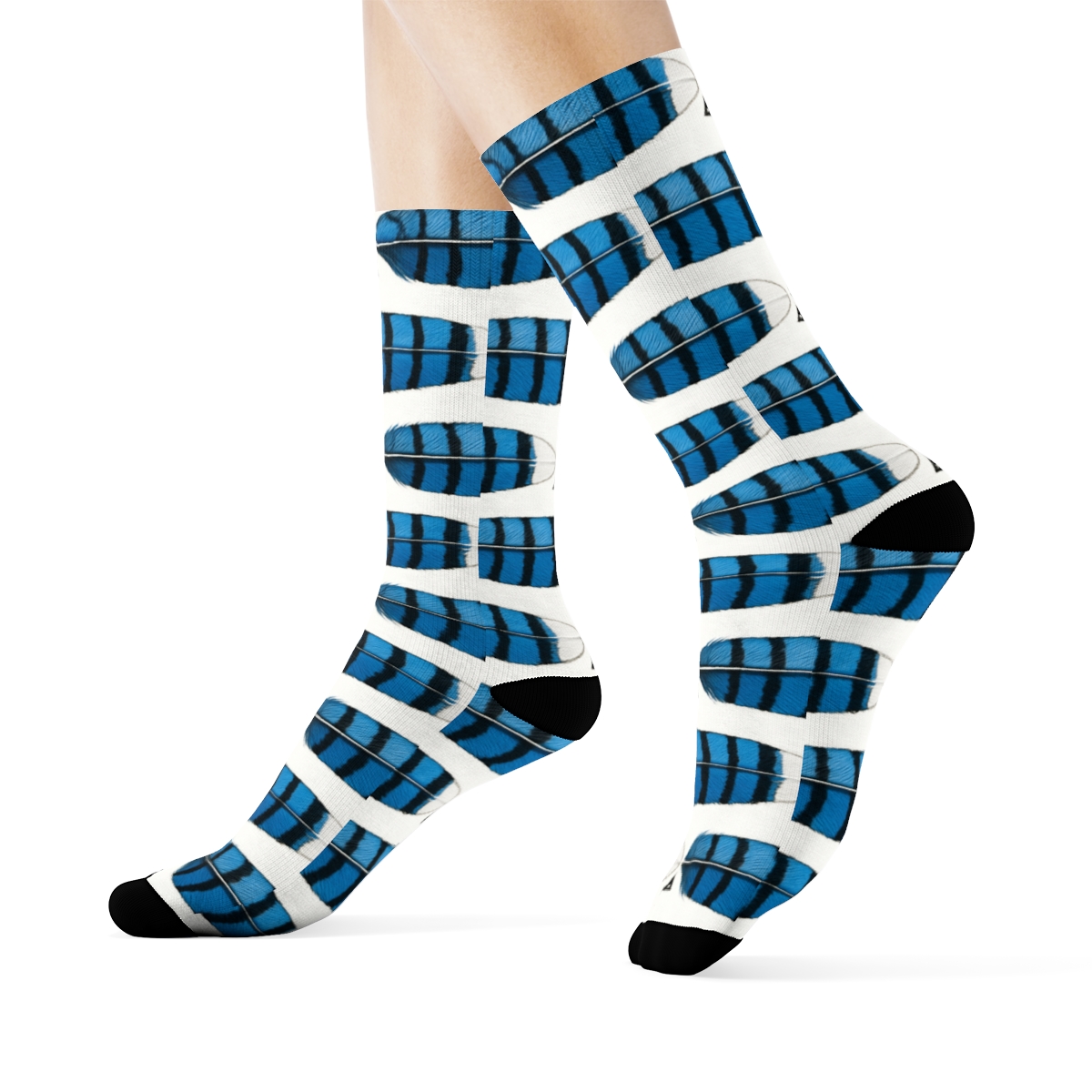 Blue Jay Tail Feather Brick On White comfortable cotton crew socks