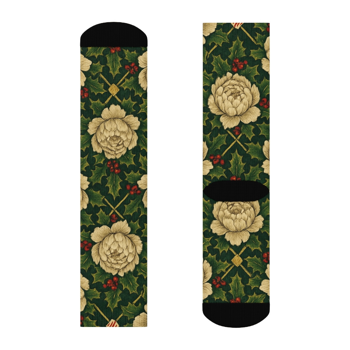 Holly Peony Lattice On Midnight Green Background personalized crew socks