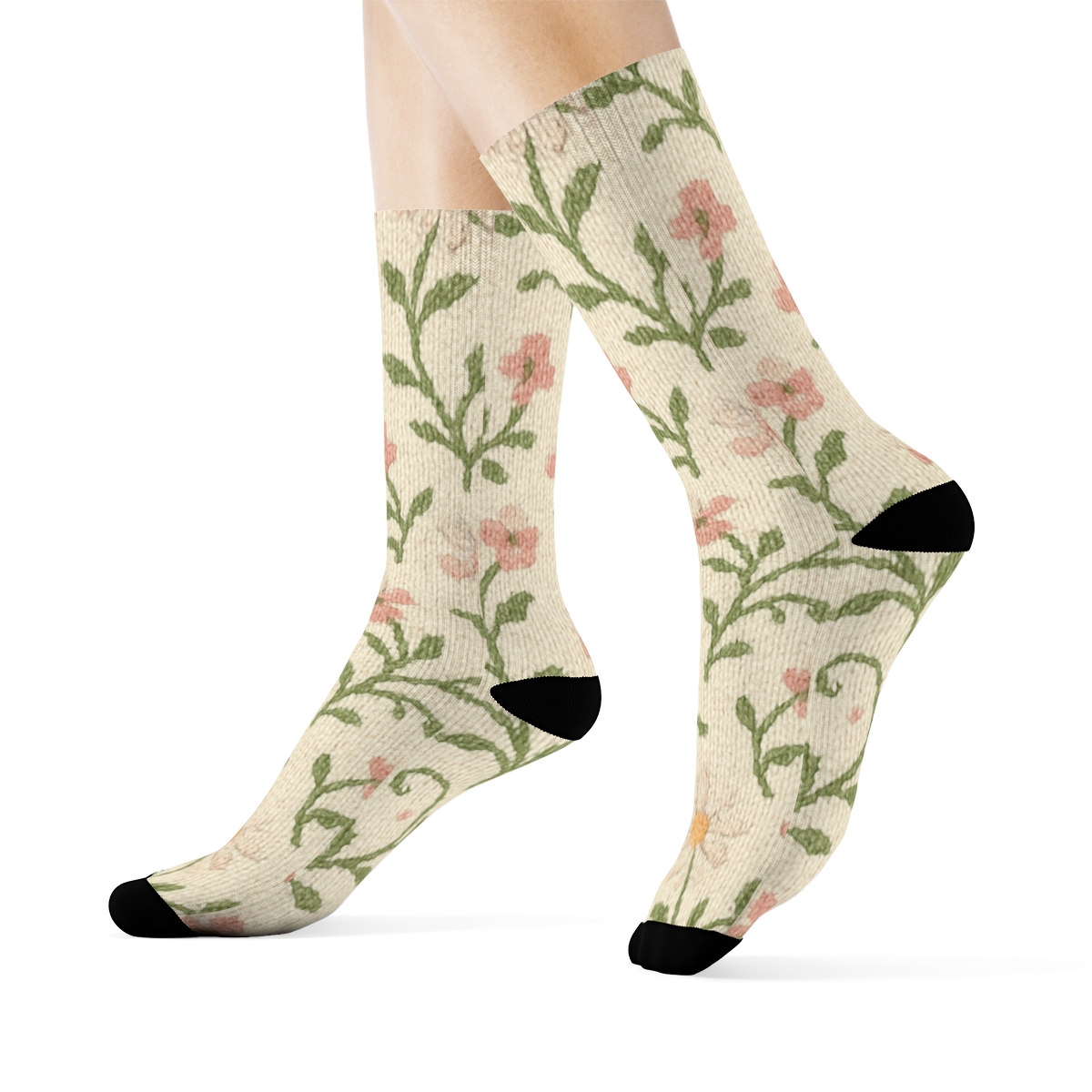 Sage Wildflower Knit Illusion Scatter On Warm Ivory Background unique graphic crew socks