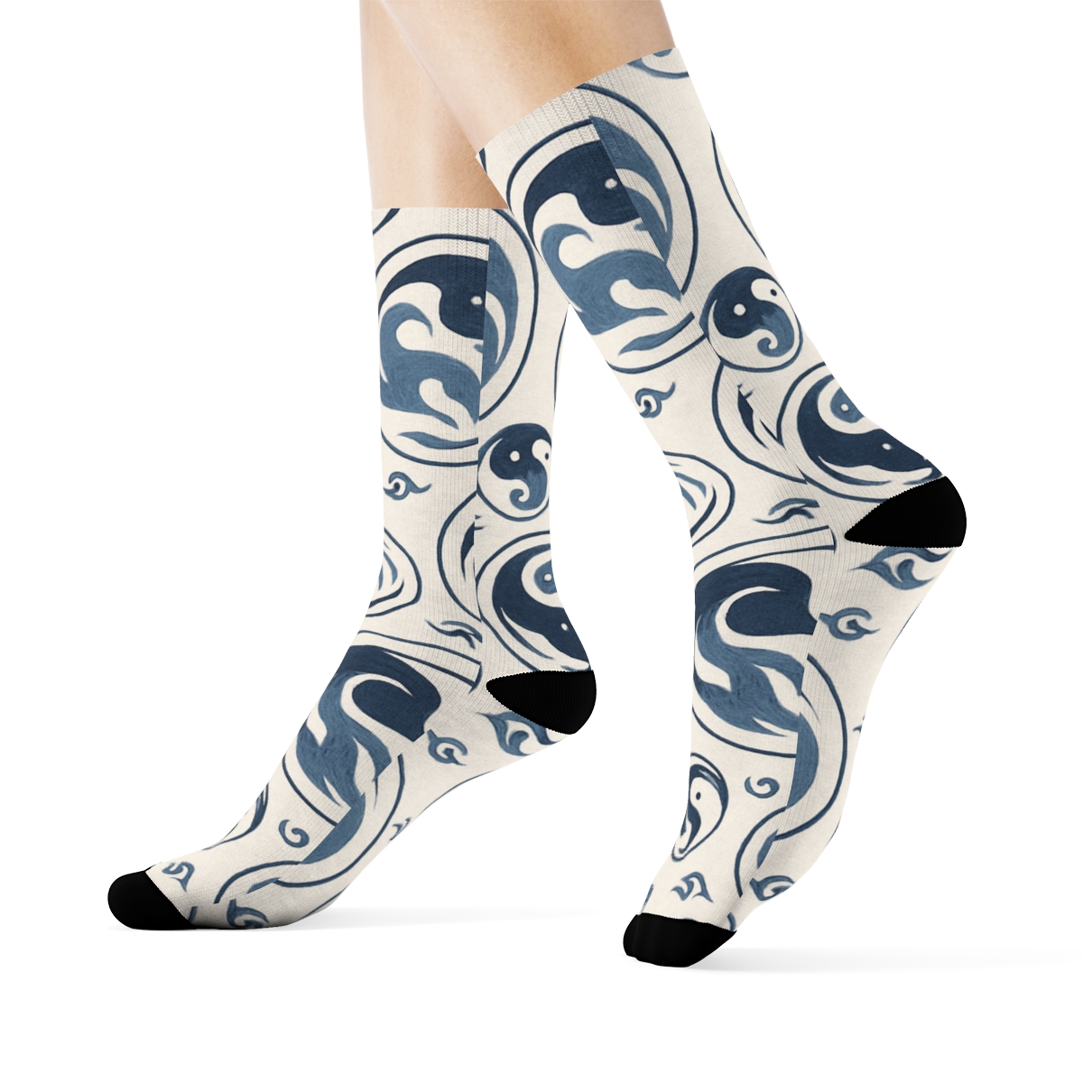 Indigo Koi Duality Mandala Tiles On Pale Cream comfortable cotton crew socksIndigo Koi Duality Mandala Tiles on Pale Cream Crew Socks - Image 3