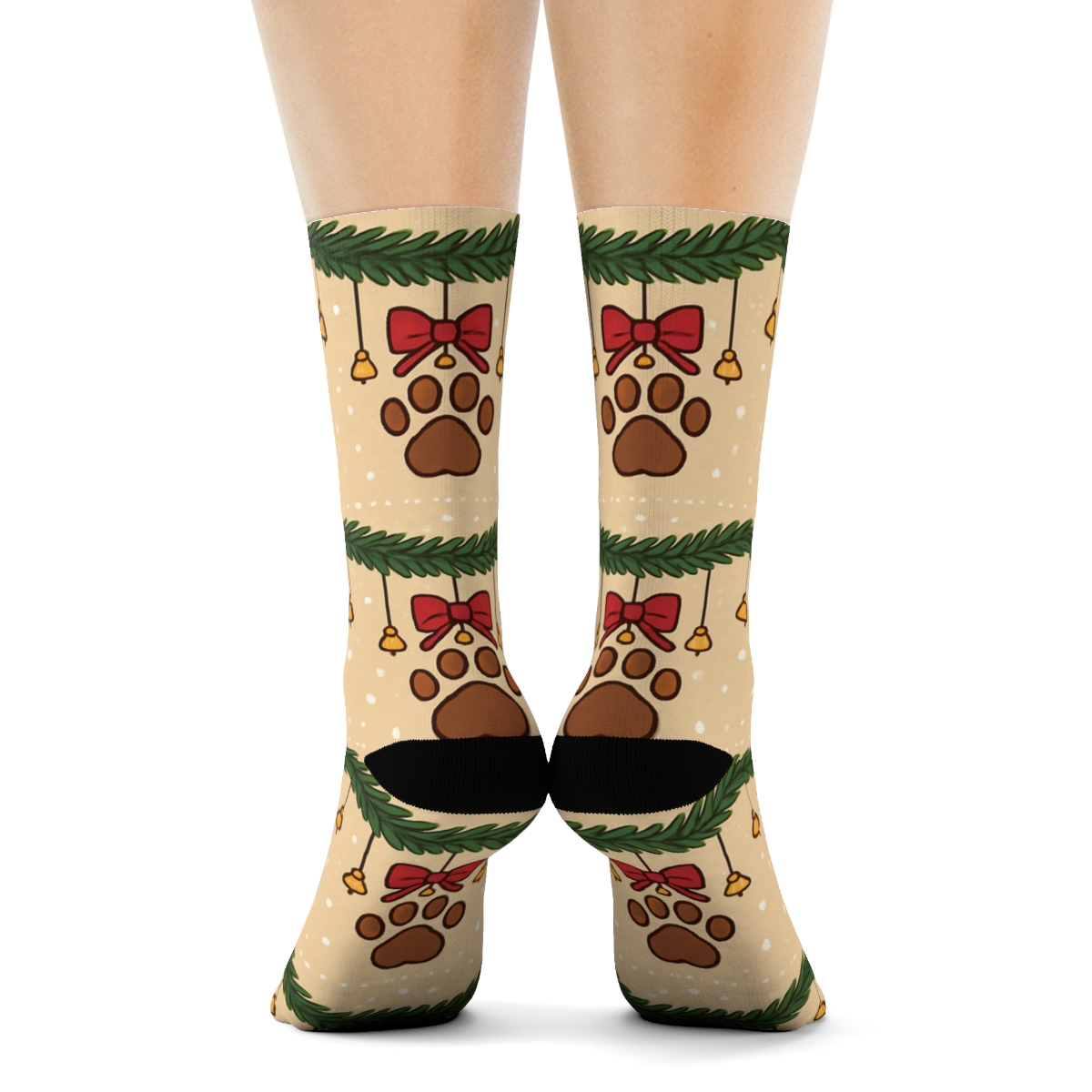 Dog Paw Print Garland Border Bands On Beige Background trendy patterned crew socks