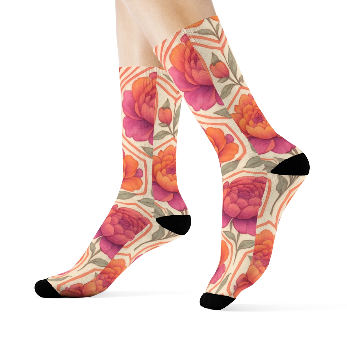 Sunset Peony Medallion Tiles On Ivory Background premium sports crew socks