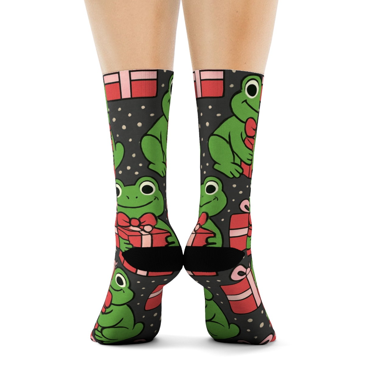 Holly Frog Gift Wrap Tessellation On Charcoal Background trendy patterned crew socks