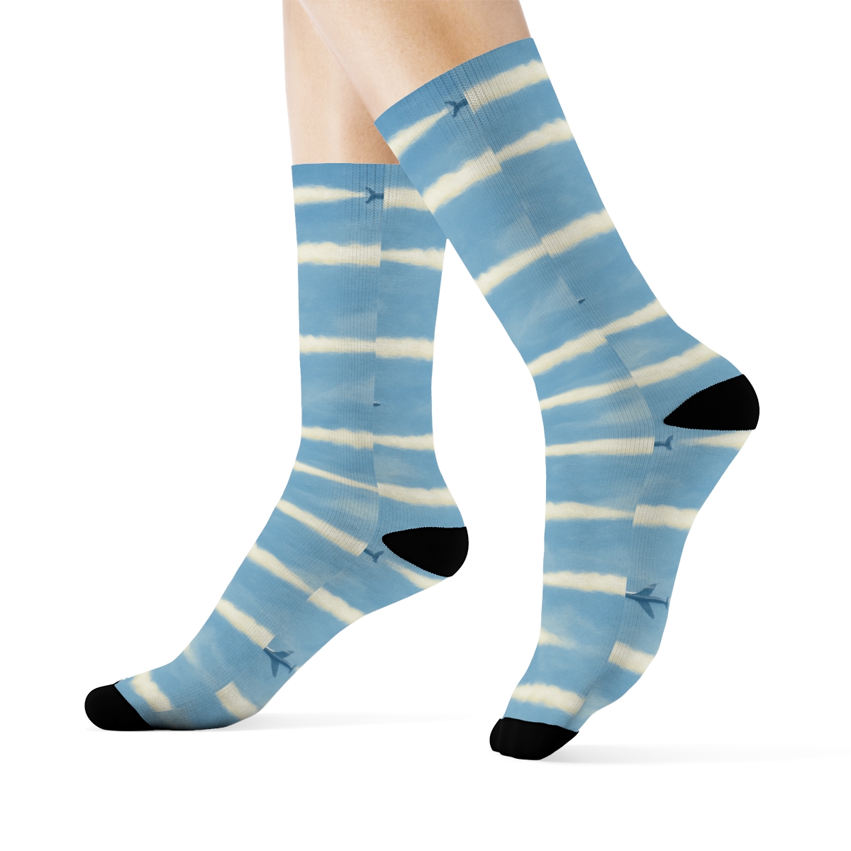 Airplane Contrail Bands Over Sky Blue Field premium sports crew socks