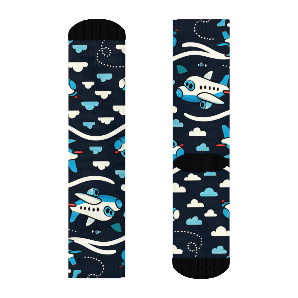 Airplane Contrail Ribbon Bands On Midnight Navy designer printed crew socks