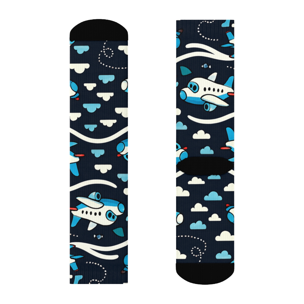 Airplane Contrail Ribbon Bands On Midnight Navy designer printed crew socks