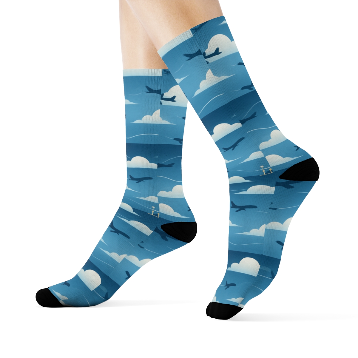Airplane Tower And Cloud Border Wrap On Navy Gradient designer printed crew socksAirplane Tower and Cloud Border Wrap on Navy Gradient Crew Socks - Image 3