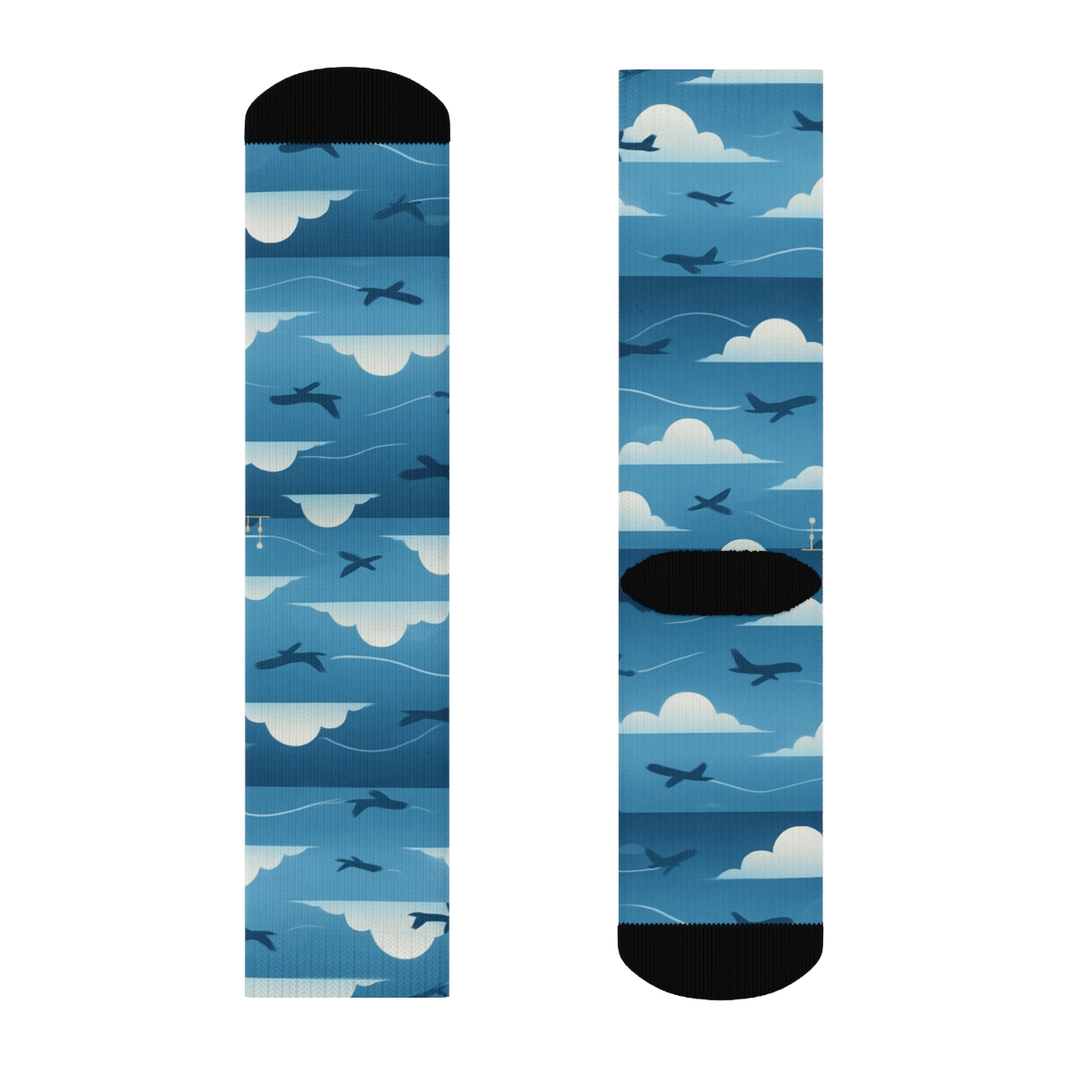 Airplane Tower and Cloud Border Wrap on Navy Gradient Crew Socks