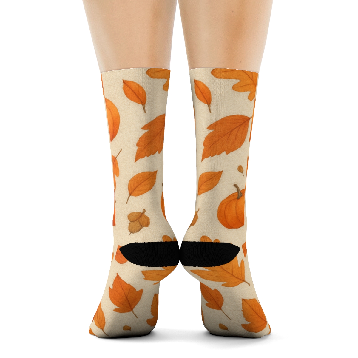 Autumn Leaf And Pumpkin Scatter On Neutral Linen Background custom crew socks