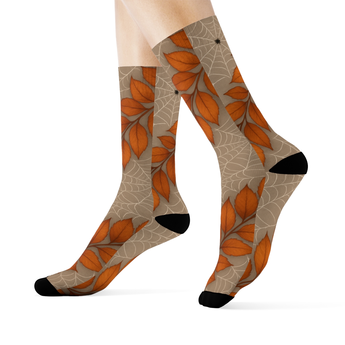 Autumn Leaf And Spider Web Diagonal Weave On Neutral Background custom crew socks