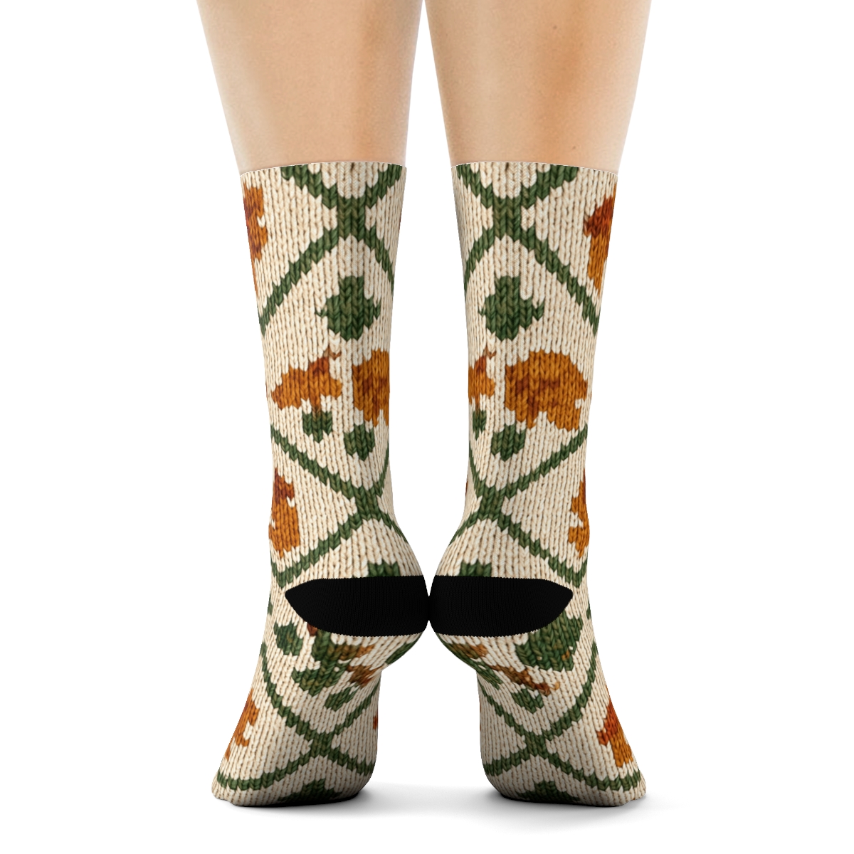 Burnt Orange Knit Acorn Lattice On Creamy Beige Background custom crew socks