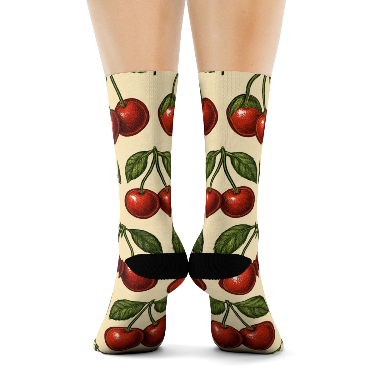 Paired Cherry Grid On Cream comfortable cotton crew socks