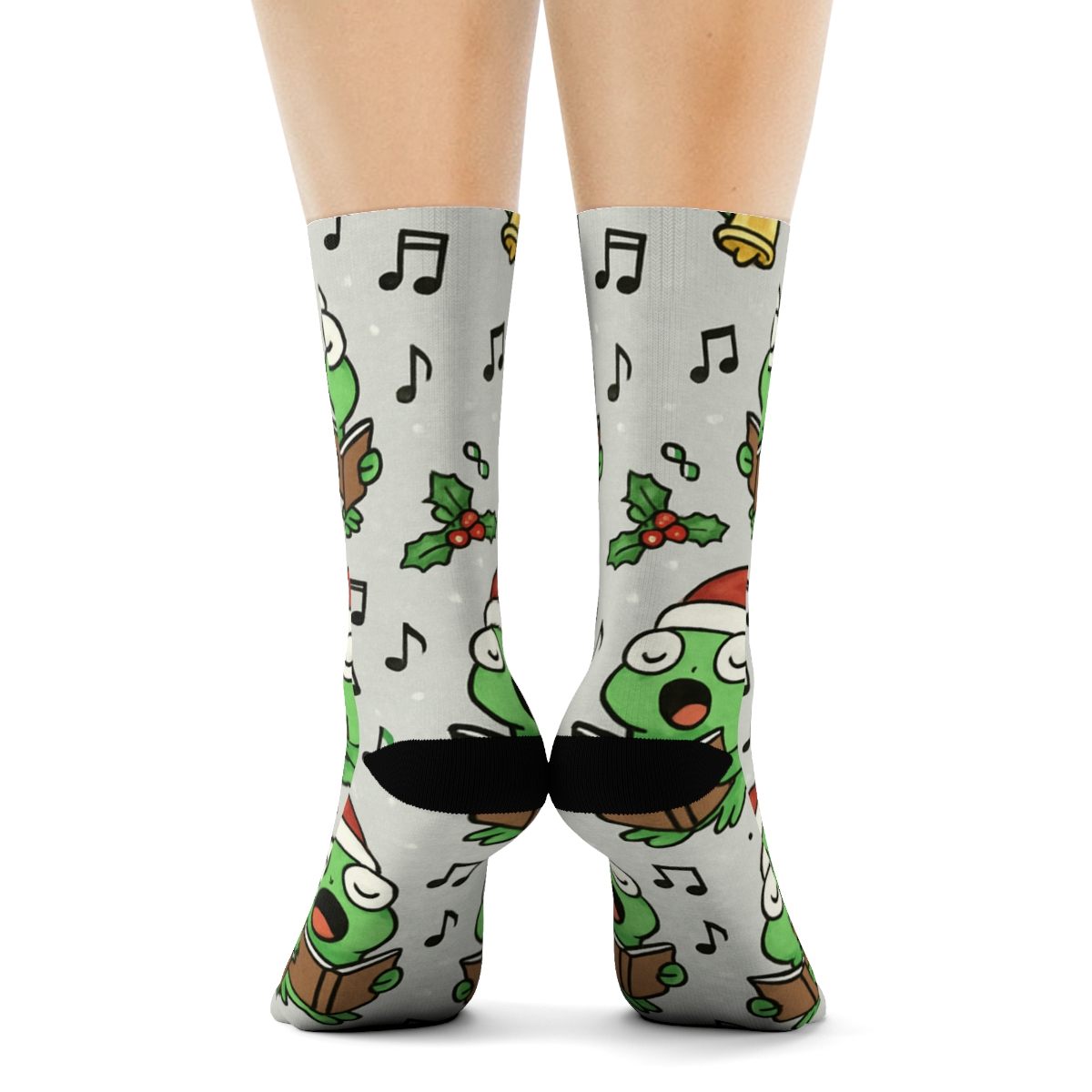 Frog Carolers Scatter On Light Gray Background custom crew socks