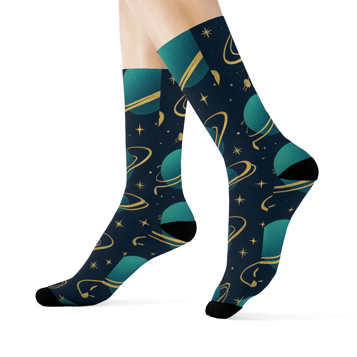 Ion Teal Orbital Bands On Deep Navy Background personalized crew socks
