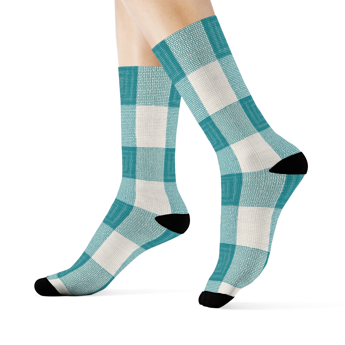 Teal And White Gingham Blocks With Nested Progressive Checks And Dot Centers comfortable cotton crew socks