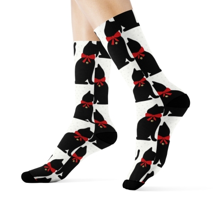 Minimal Cat Sleigh Bell Stripe Repeat On White Background stylish athletic crew socks