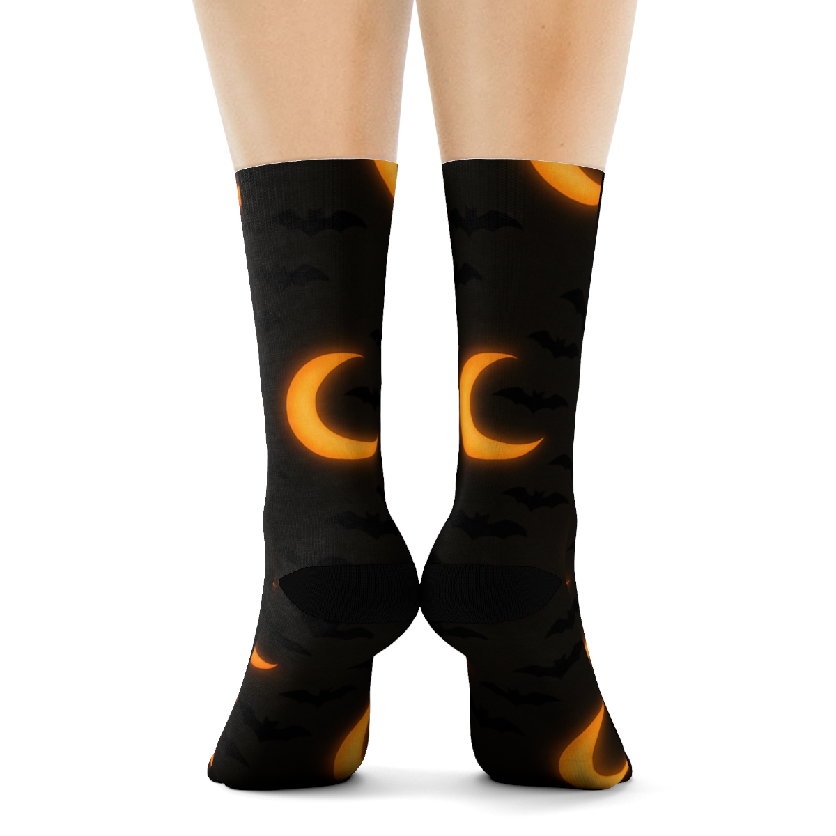 Crescent Moon Glow And Bat Swarm Diagonal Repeat On Black Background unique graphic crew socks