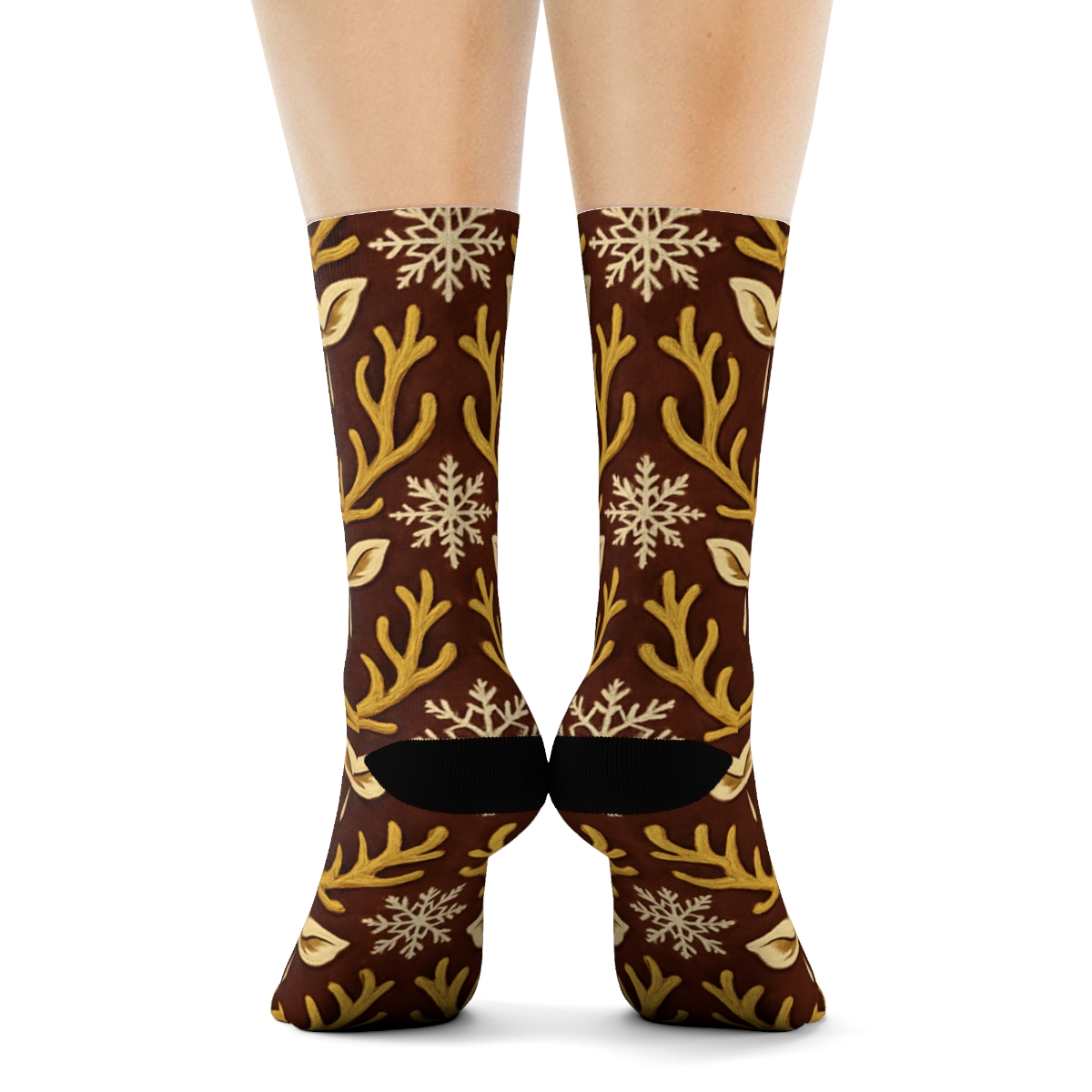 Reindeer Heads And Snowflakes Tessellation On Rich Burgundy Background stylish athletic crew socks