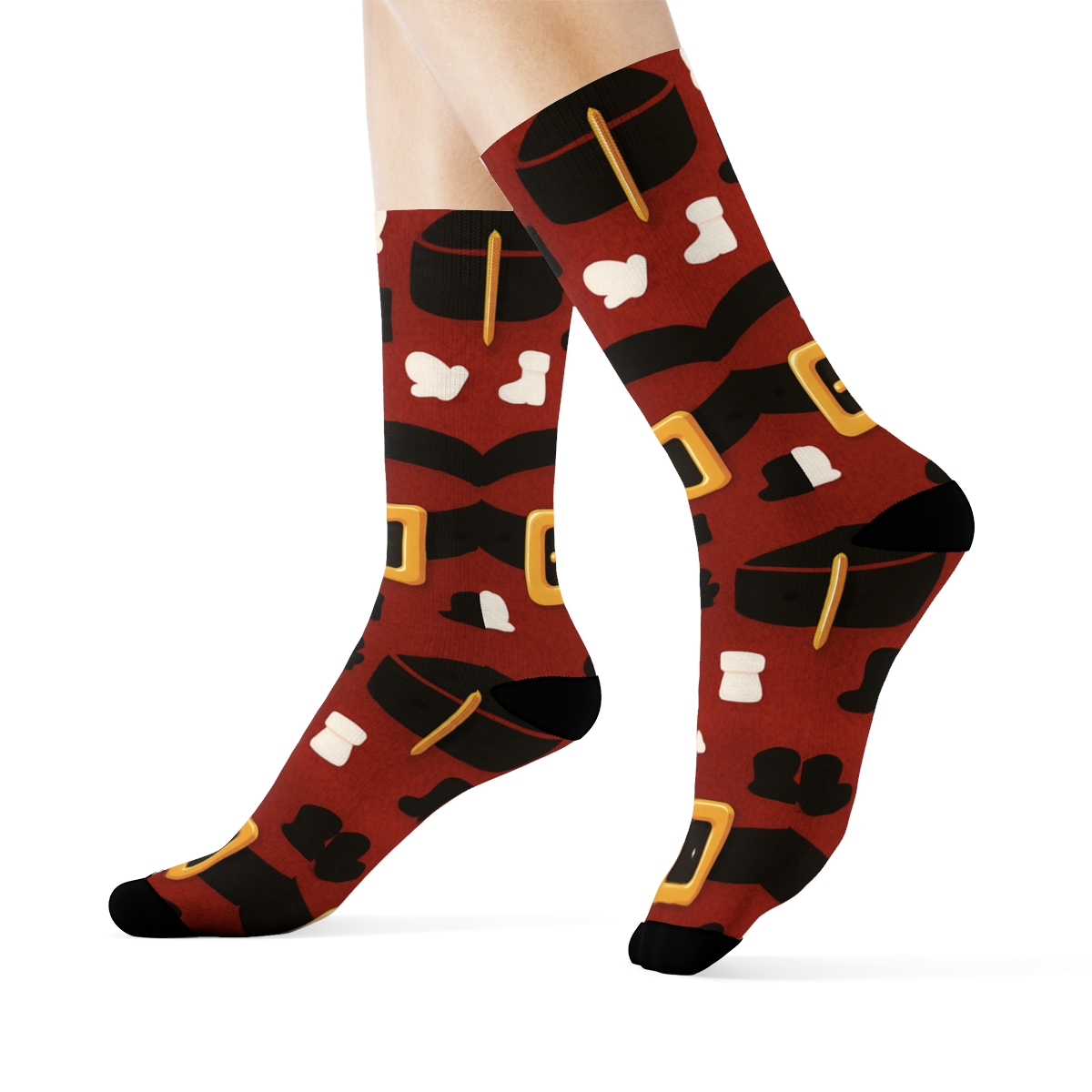Belt And Buckle Borders In Santa Festive Repeat trendy patterned crew socks