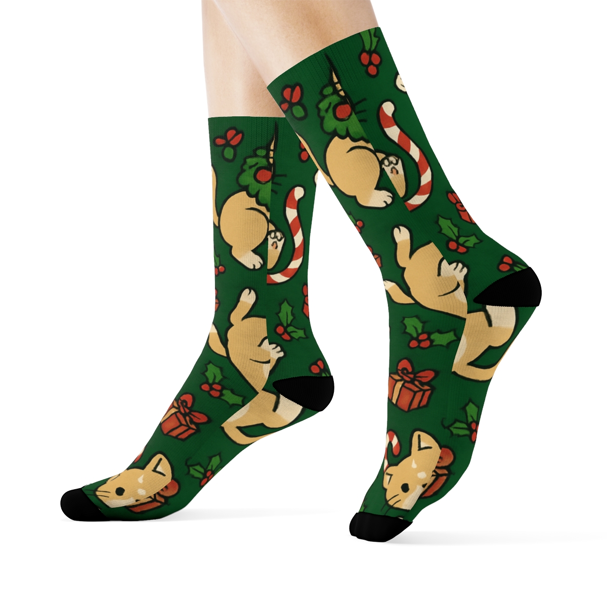 Candy Cane Cat Chaos Collage On Pine Green Background premium sports crew socks