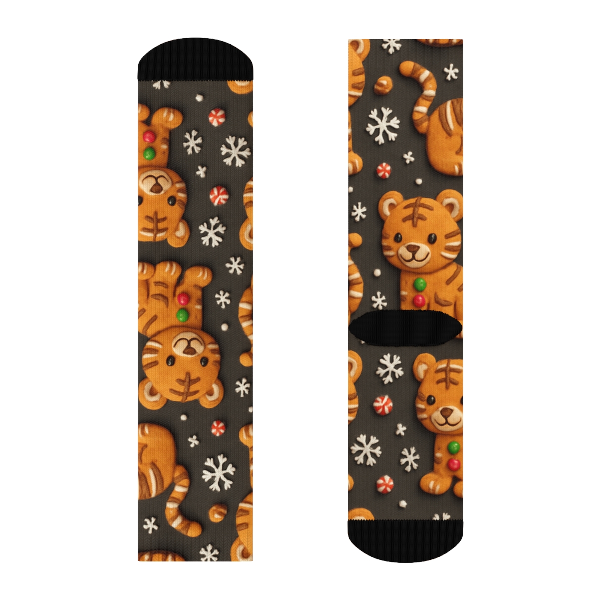 3D Gingerbread Tiger Tiles On Charcoal Background custom crew socks