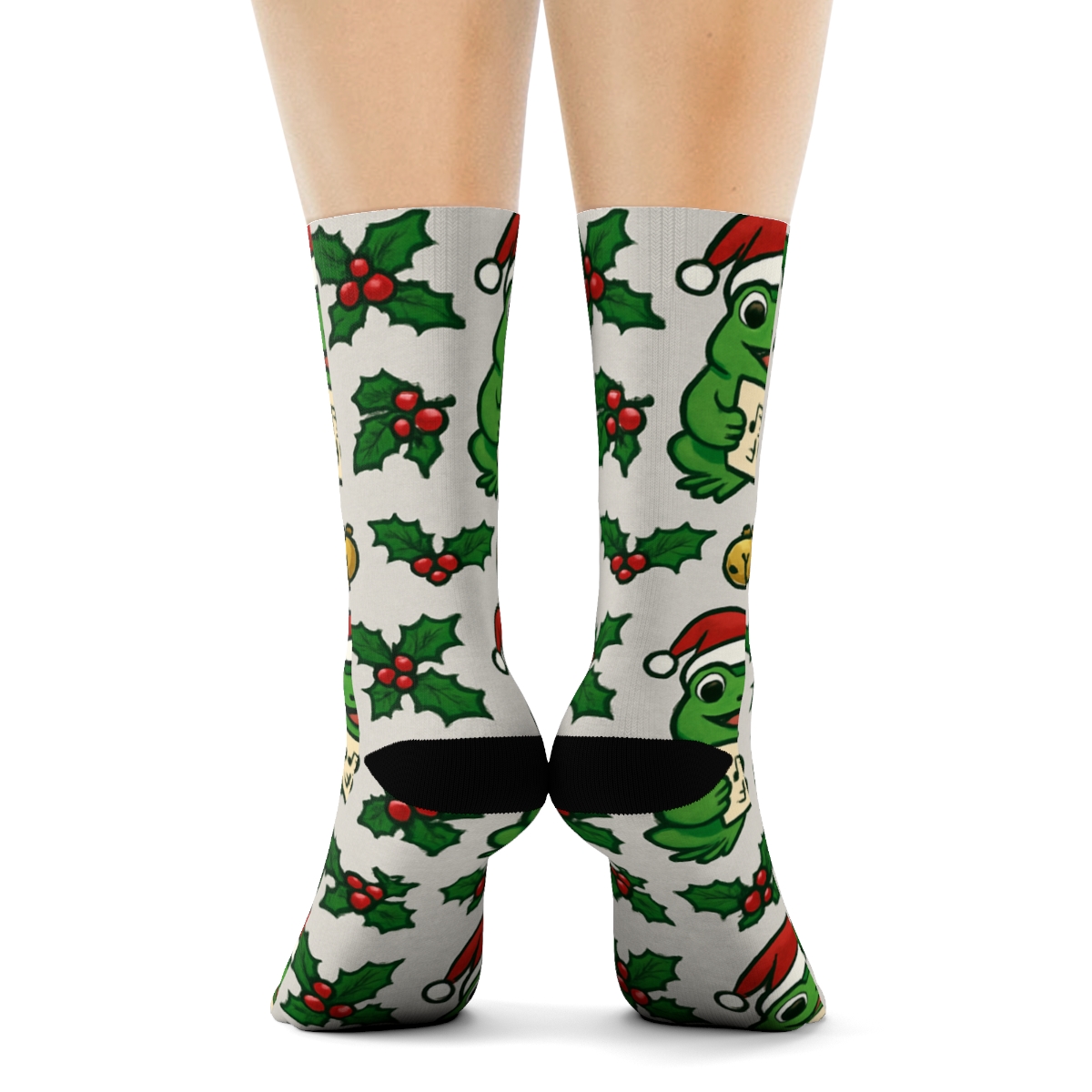 Cartoon Frog Caroler Stripe Bands On Light Gray Background premium sports crew socks