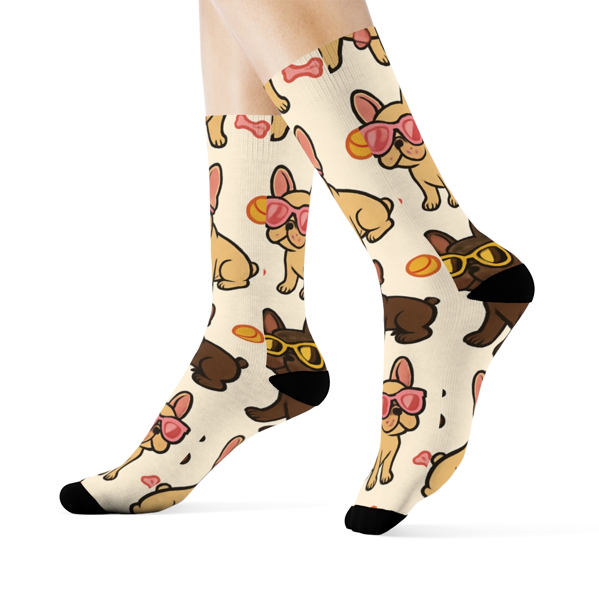 Sunny French Bulldog Sunglasses Scatter On Pastel Cream soft everyday crew socks
