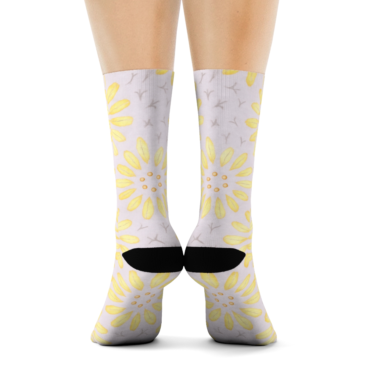 Canary Song Feather Dots On Pastel Lavender Background designer printed crew socks