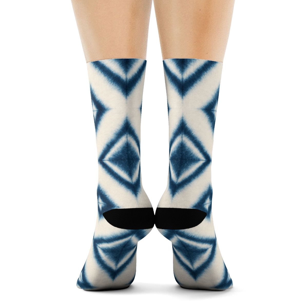Deep Indigo Shibori Diamond Ladder On Ivory Field trendy patterned crew socks