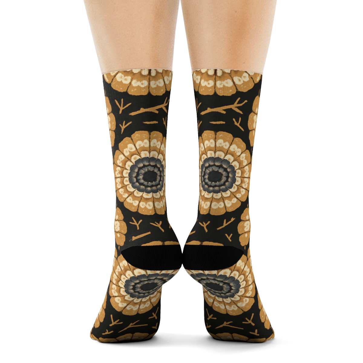Owl Feather Rosette Medallions On Charcoal Black Background personalized crew socks