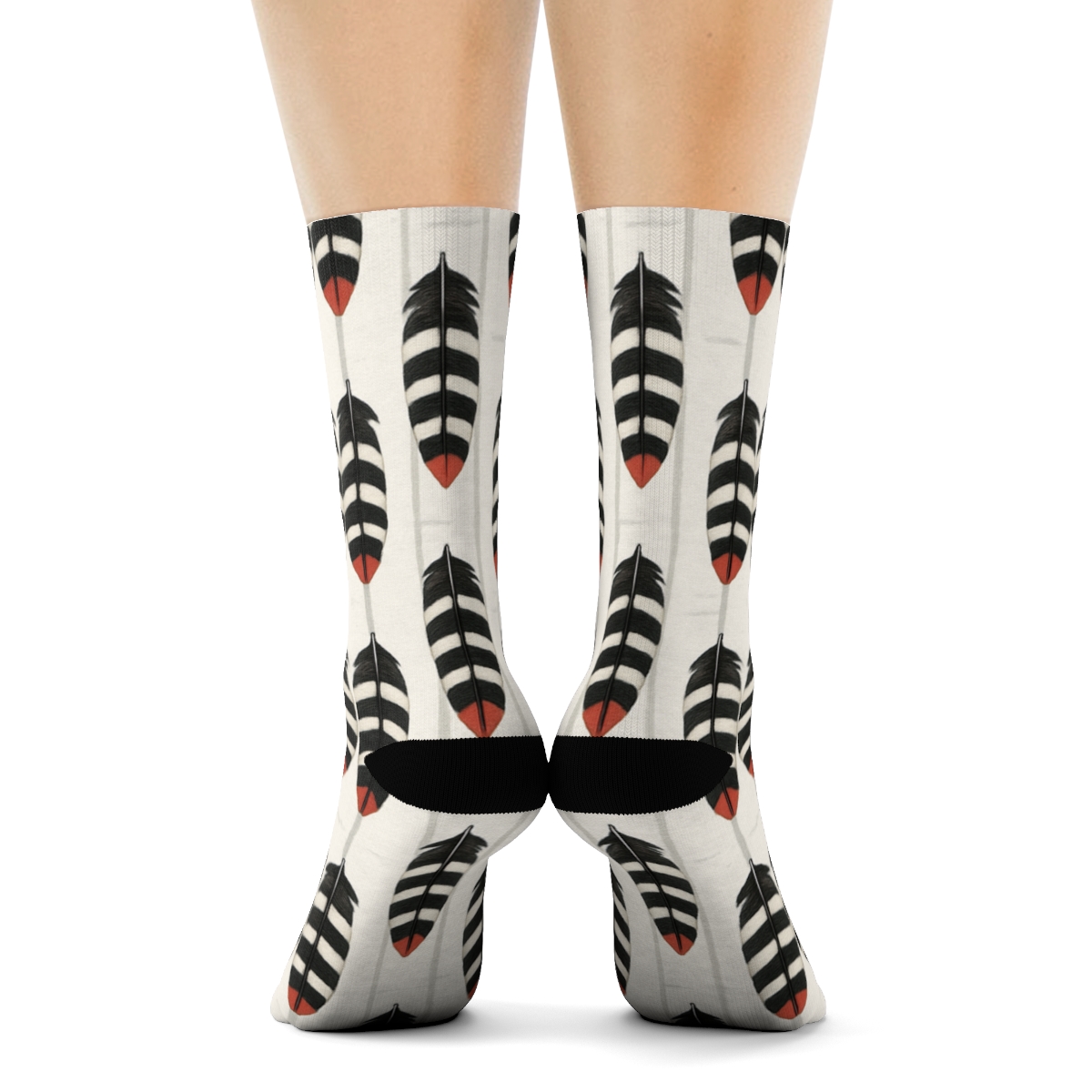 Woodpecker Tail Feather Ladder On Birch White designer printed crew socks