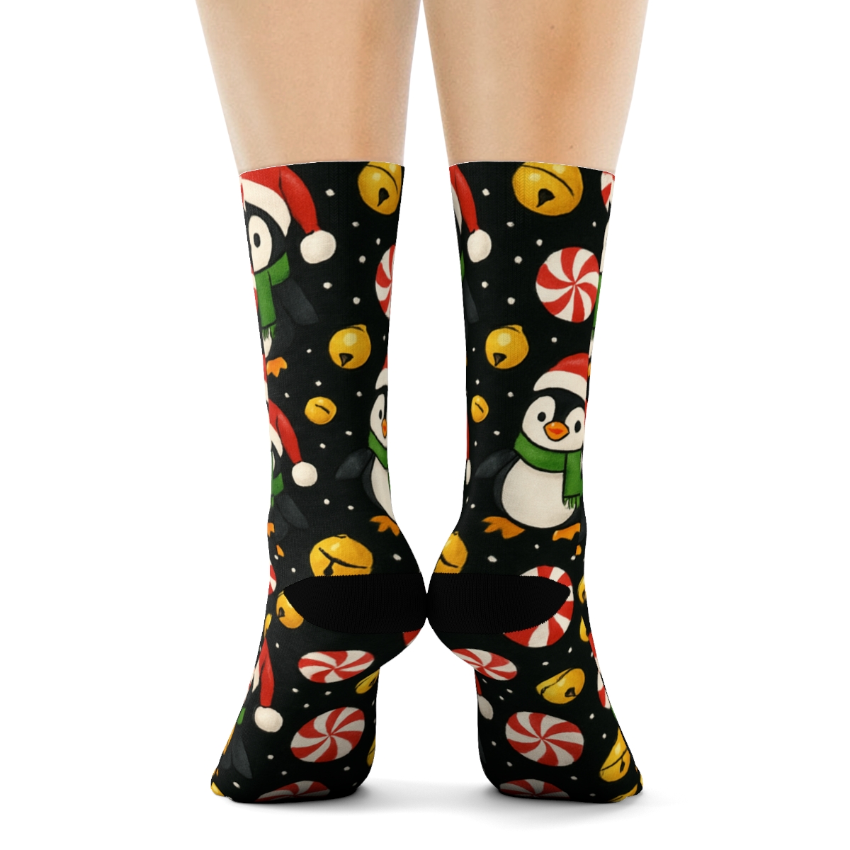 Peppermint Penguin Waddle Stripe On Black Background trendy patterned crew socks