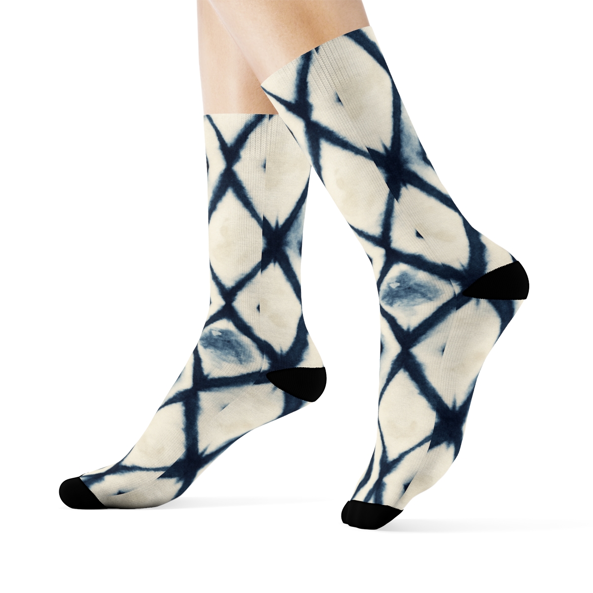 Indigo Shibori Diamond Chain On Ivory Background soft everyday crew socks